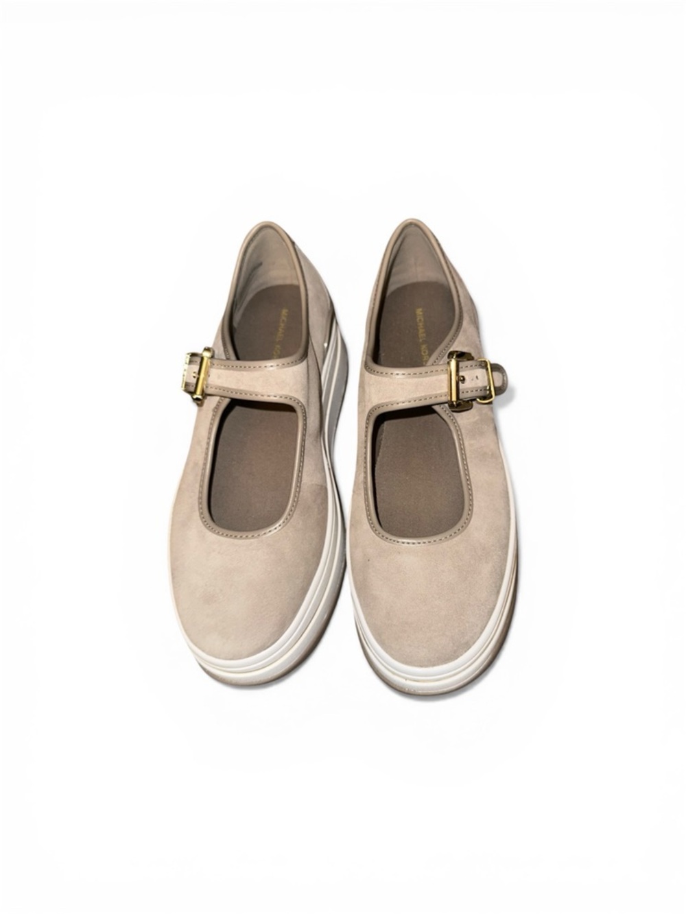 Michael Kors Beige Mary Jane Platform Flats with Gold Buckle